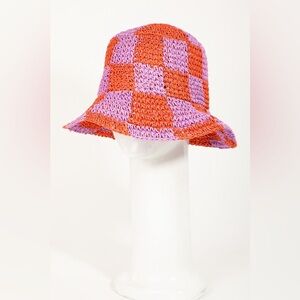 Straw Braided Checkered Bucket Hat|Orange